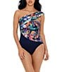 Color:Navy Multi - Image 1 - Belize Goddess Tropical Print Convertible One Shoulder One Piece Swimsuit