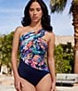 Color:Navy Multi - Image 3 - Belize Goddess Tropical Print Convertible One Shoulder One Piece Swimsuit