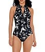 Color:Black/Multi - Image 1 - Dream State Coco Printed Zip Front High Neck Underwire One Piece Swimsuit