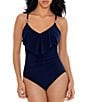 Color:Navy Blue - Image 1 - Isabel Solid Ruffle V-Neck Underwire Shaping One Piece Swimsuit