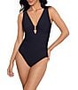 Color:Black - Image 1 - Marquis Kristi Solid Plunge Neck Draped V-Back One Piece Swimsuit