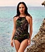 Color:Black/Multi - Image 3 - Nighthawk Charlie Palm Print High Neck Tortoise Chain Link Underwire One Piece Swimsuit