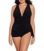 Color:Black - Image 1 - Plus Size Solids Celine Shirred Side Tie Plunge Swim Dress