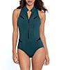 Color:Palm Green - Image 1 - Scuba Coco Zip Front High Neck Underwire One Piece Swimsuit