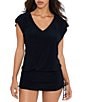 Color:Black - Image 1 - Shirred Solid Beach Dress Cover Up