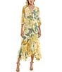 Color:Dandelion/Teal - Image 1 - 3/4 Sleeve V-Neck Floral Chiffon Faux Wrap Maxi Dress