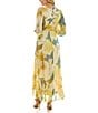 Color:Dandelion/Teal - Image 2 - 3/4 Sleeve V-Neck Floral Chiffon Faux Wrap Maxi Dress
