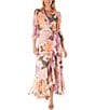 Color:Blush Multi - Image 1 - 3/4 Sleeve V-Neck Floral Chiffon Faux Wrap Maxi Dress