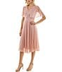 Color:Peach - Image 3 - Capelet Sleeve V-Neck Pleated Skirt Glitter Chiffon Midi Dress
