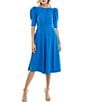 Color:Blue Oasis - Image 1 - Elbow Sleeve Shirred Crew Neck Fit And Flare Midi Dress