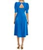 Color:Blue Oasis - Image 2 - Elbow Sleeve Shirred Crew Neck Fit And Flare Midi Dress