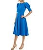 Color:Blue Oasis - Image 3 - Elbow Sleeve Shirred Crew Neck Fit And Flare Midi Dress