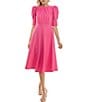 Color:Strawberry - Image 1 - Elbow Sleeve Shirred Crew Neck Fit And Flare Midi Dress