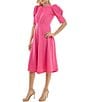 Color:Strawberry - Image 3 - Elbow Sleeve Shirred Crew Neck Fit And Flare Midi Dress