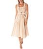 Color:Ivory/Rust - Image 1 - Embroidered Sleeveless Square Neck Belted Midi Dress