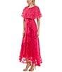 Moda Tara Foil Chiffon Short Capelet Sleeve Crew Neck Ruffle Skirt Maxi Dress, Color:Fuchsia/Gold - Image 3