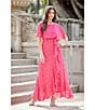 Moda Tara Foil Chiffon Short Capelet Sleeve Crew Neck Ruffle Skirt Maxi Dress, Color:Fuchsia/Gold - Image 5