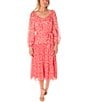 Color:Coral Multi - Image 1 - Long Sleeve Sweetheart Neck Tie Waist Floral Midi Dress