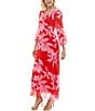 Color:Tomato/Pink - Image 3 - Long Sleeve V-Neck Front Twist 3/4 Sleeve Chiffon Empire Waist Maxi Dress