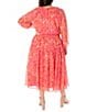 Color:Coral Multi - Image 2 - Plus Size 3/4 Sleeve V-Neck Smocked Waist Floral Chiffon Midi Dress