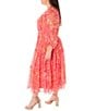Color:Coral Multi - Image 3 - Plus Size 3/4 Sleeve V-Neck Smocked Waist Floral Chiffon Midi Dress