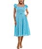 Color:Sky/Ivory - Image 1 - Plus Size Short Puff Sleeve Square Neck Belted Gingham Midi Dress