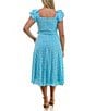 Color:Sky/Ivory - Image 2 - Plus Size Short Puff Sleeve Square Neck Belted Gingham Midi Dress