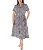 Color:Ivory/Navy - Image 1 - Plus Size Short Sleeve Collared Neck Belted Gingham Midi Dress