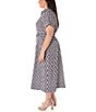 Color:Ivory/Navy - Image 3 - Plus Size Short Sleeve Collared Neck Belted Gingham Midi Dress