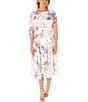 Color:Ivory/Lavendar - Image 1 - Short Capelet Sleeve Crew Neck Floral Chiffon Midi Sheath Dress