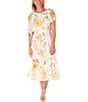 Color:Ivory/Sunflower - Image 1 - Short Capelet Sleeve Crew Neck Floral Chiffon Midi Sheath Dress
