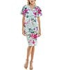Color:Seafoam Multi - Image 1 - Short Caplet Sleeve V-Neck Floral Belted Sheath Dress