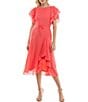 Color:Papaya - Image 1 - Short Flutter Sleeve Ruffle Skirt Tie Waist Boat Neck Chiffon Midi A-Line Dress