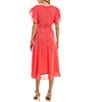 Color:Papaya - Image 2 - Short Flutter Sleeve Ruffle Skirt Tie Waist Boat Neck Chiffon Midi A-Line Dress