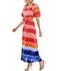 Color:Orange Mul - Image 3 - Short Puff Sleeve V-Neck Tie Waist Tie Dye Printed Maxi Dress