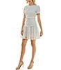 Color:Ivory - Image 3 - Short Sleeve Mock Neck Fringed Seam Lace Fit and Flare Dress