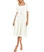 Color:Winter White - Image 1 - Short Sleeve Square Neck Belted Fit And Flare Midi Dress