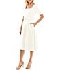 Color:Winter White - Image 3 - Short Sleeve Square Neck Belted Fit And Flare Midi Dress