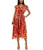 Color:Paprika/Gold - Image 1 - Shot Flutter Sleeve Ruffle V-Neck Tie Waist Floral Midi Dress