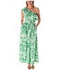 Color:Kelly/Ivory - Image 1 - Sleeveless One Shoulder Ruffle Neck Tie Waist Side Pocket Floral Maxi A-Line Dress