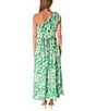 Color:Kelly/Ivory - Image 2 - Sleeveless One Shoulder Ruffle Neck Tie Waist Side Pocket Floral Maxi A-Line Dress