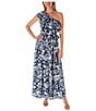 Color:Navy/Ivory - Image 1 - Sleeveless One Shoulder Ruffle Neck Tie Waist Side Pocket Floral Maxi A-Line Dress