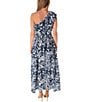 Color:Navy/Ivory - Image 2 - Sleeveless One Shoulder Ruffle Neck Tie Waist Side Pocket Floral Maxi A-Line Dress