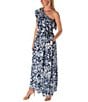 Color:Navy/Ivory - Image 3 - Sleeveless One Shoulder Ruffle Neck Tie Waist Side Pocket Floral Maxi A-Line Dress