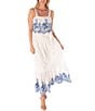 Color:Ivory/Royal - Image 1 - Sleeveless Square Neck Embroidered Popover Tie Waist Maxi Dress