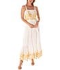Color:Ivory/Mustard - Image 1 - Sleeveless Square Neck Embroidered Popover Tie Waist Maxi Dress