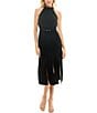 Color:Black - Image 1 - Stretch Crepe Sleeveless Halter Neck Carwash Hem Belted Midi Sheath Dress