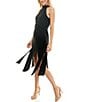 Color:Black - Image 3 - Stretch Crepe Sleeveless Halter Neck Carwash Hem Belted Midi Sheath Dress
