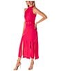 Color:Rasberry - Image 3 - Stretch Crepe Sleeveless Halter Neck Carwash Hem Belted Midi Sheath Dress