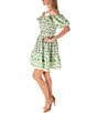 Color:Ivory/Green - Image 3 - Stretch Poplin Short Puff Sleeve Off-The-Shoulder Square Neck Side Pocket Belted Fit and Flare Dress